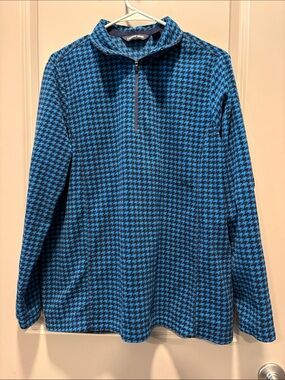 Lands' End Blue Black Houndstooth Quarter Zip Fleece Pullover Sweater L 14-16